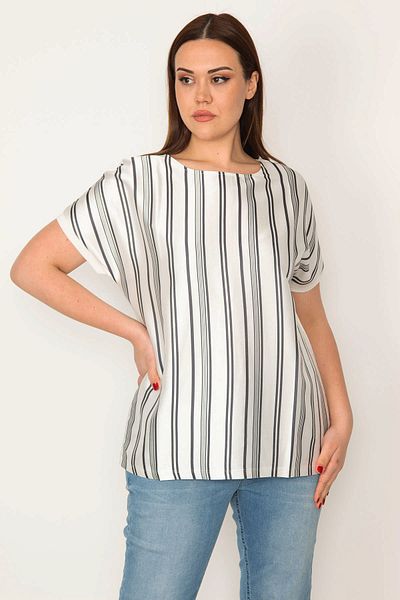 Şans Women's Plus Size Bone Front Striped Satin Fabric Back Viscose Low Sleeve Blouse 65n32236