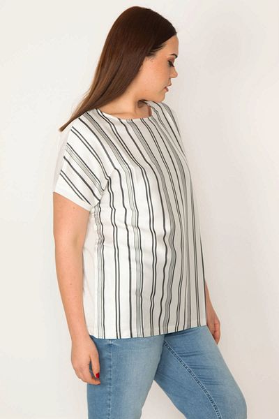 Şans Women's Plus Size Bone Front Striped Satin Fabric Back Viscose Low Sleeve Blouse 65n32236