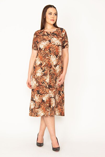 Şans Women's Large Size Tan Flower Patterned Short Sleeve Viscose Dress 65n32495