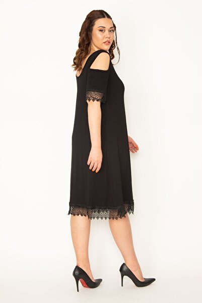 Şans Women's Large Size Black Off-Shoulder Lace Dress 65n32519