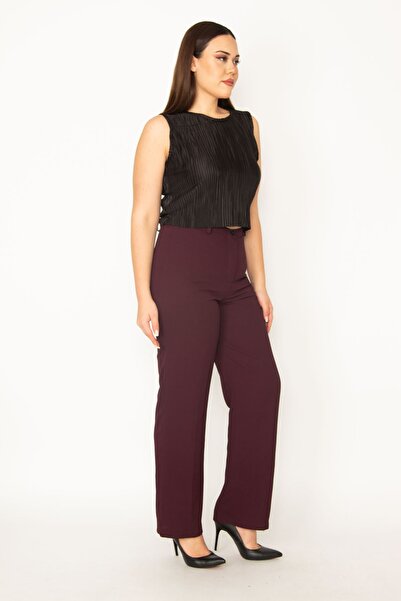 Şans Women's Large Size Plum Classic Fabric Trousers 65n32154