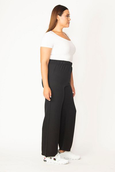 Şans Women's Large Size Black Elastic Waist Trousers 65n32153