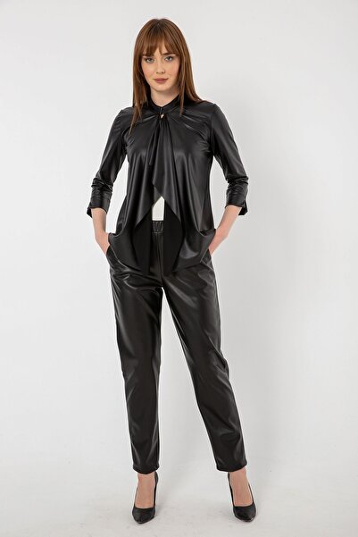 Laranor Siyah Şal Yaka Agraflı Truvakar Kol Ince Suni Deri Hırka