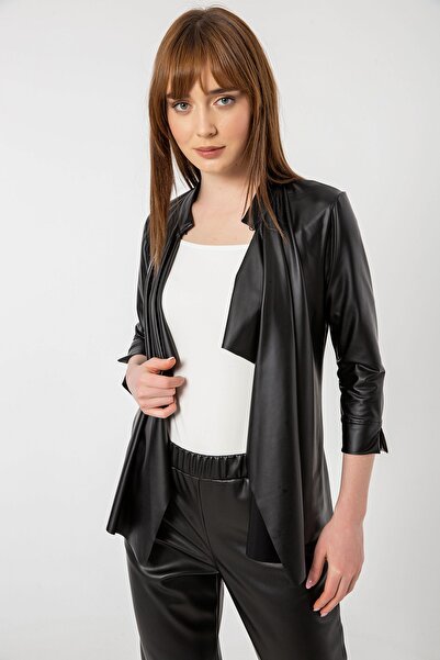 Laranor Siyah Şal Yaka Agraflı Truvakar Kol Ince Suni Deri Hırka