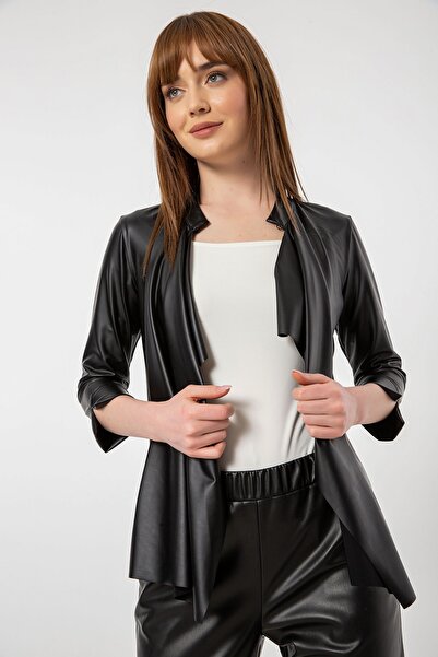 Laranor Siyah Şal Yaka Agraflı Truvakar Kol Ince Suni Deri Hırka