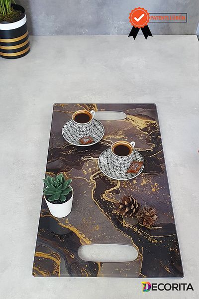 Decorita Glass Tray| Brown Glitter Marble| 29cm X 52cm