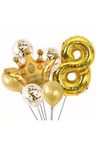 Deniz Party Store Gold 8 Year Old King Crown Foil Balloon Set