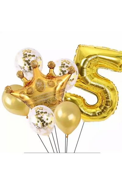 Deniz Party Store Gold 5 Year Old King Crown Foil Balloon Set