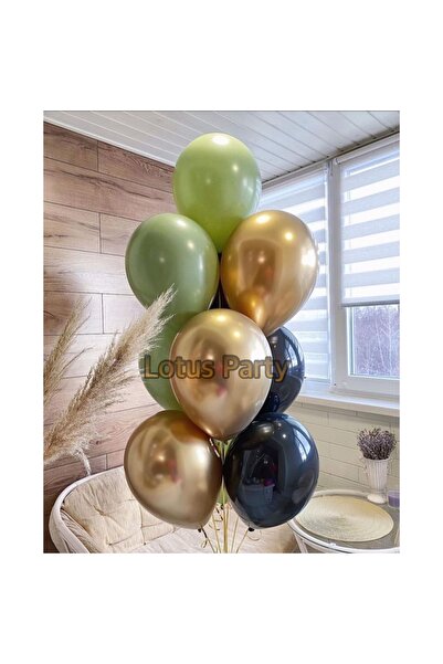 LOTUS PARTY 10 Adet - Balon Seti - ( Küf Yeşili - Siyah - Krom Gold Renkler B...