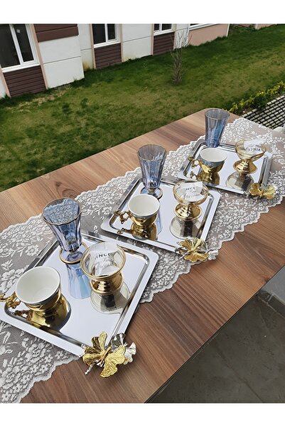 süslühome Dekoratif Paslanmaz Çelik Kare 3 Lü Kelebek Detaylı Modern Şık Çay Kahve Sunum Tepsisi