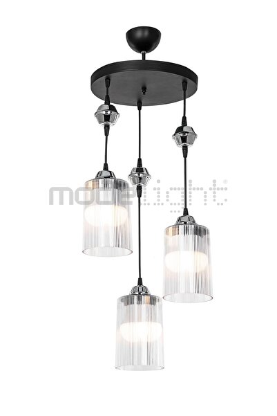 Modelight Ceylin 3lü Siyah Optik Şeffaf Camlı Avize