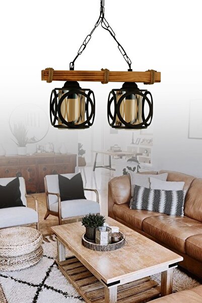 ŞL Şef Light Otantik Ahşap Ikili Kafesli Boru Cam Avize