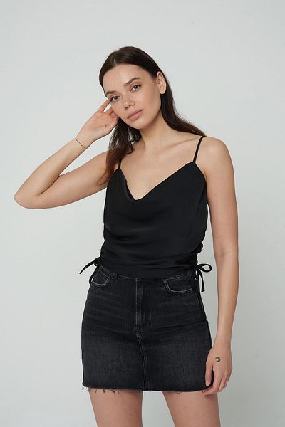 CROSS JEANS Black Degaje Collar Strap Side Gathered Blouse 75405-020