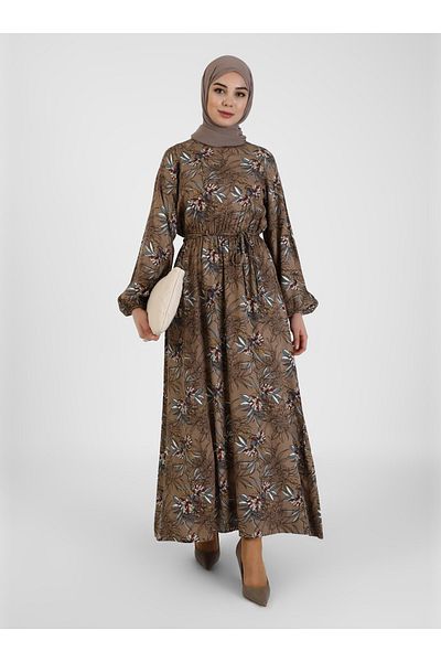 Tavin Natural Fabric Patterned Dress with Elastic Waist - Mink -