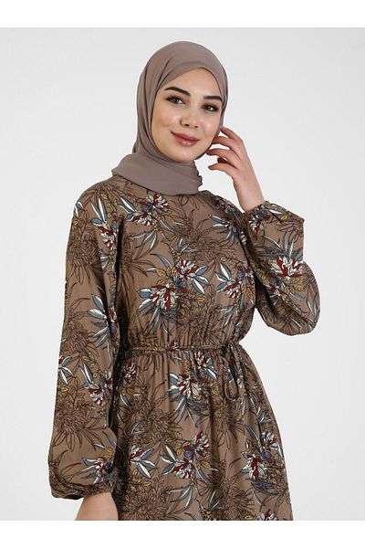 Tavin Natural Fabric Patterned Dress with Elastic Waist - Mink -
