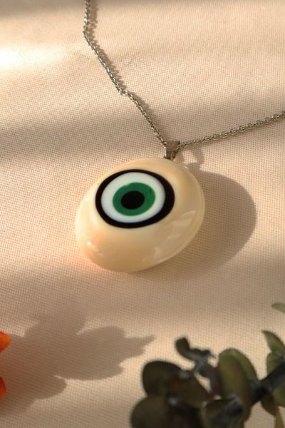 ADAMODART Handmade Murano Glass Necklace with Evil Eye Beads - Pink - Cream