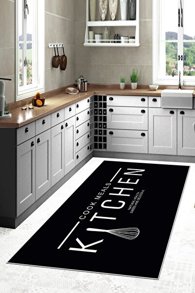 Pelangi Siyah Zemin Kitchen Desenli Yıkanabilir Kaymaz Taban Leke Tutmaz Mode...