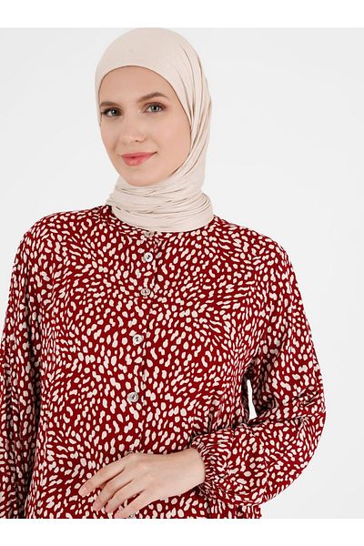 ZENANE Button Detailed Patterned Large Size Viscose Tunic - Claret Red -