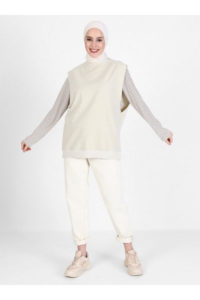 Refka Crew Neck Sleeveless Sweatshirt - Beige - Basic