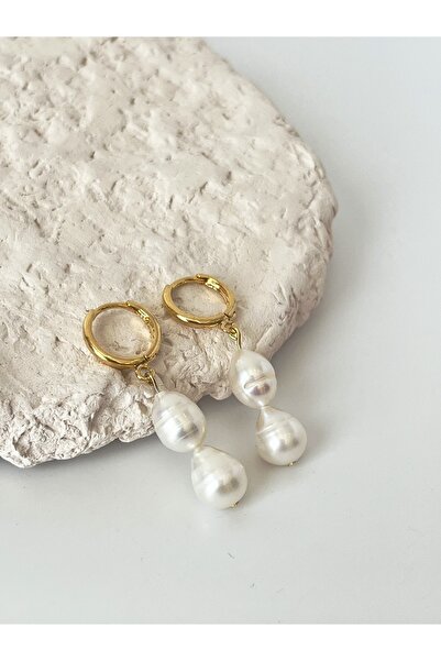 Ladies&Gentlemen Gerçek Inci Detaylı 14k Altın Kaplama Halka Küpe