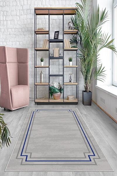 on the clouds Mavi Geometrik Çerçeve Desenli Yıkanabilir Kaymaz Taban Leke Tu...