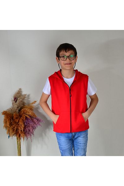 KİDSPİTİRCİK Unisex Children's Red Zippered Hooded 2 Thread Combed Vest
