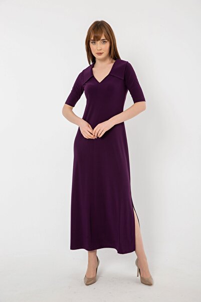 Laranor Mürdüm Gömlek Yaka Yırtmaç Detay Uzun Elbise