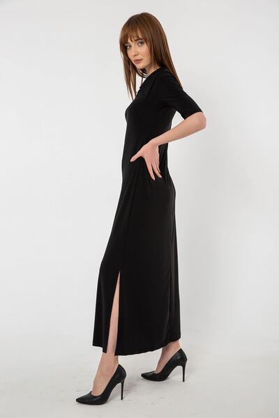 Laranor Μαύρο πουκάμισο με λεπτομέρεια με σχισμή στο γιακά Μακρύ φόρεμα