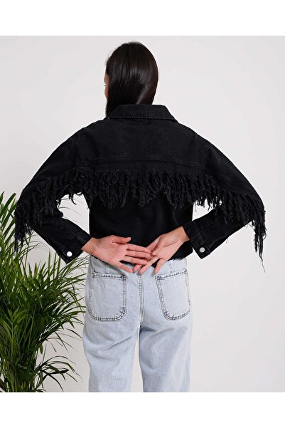 efstyle Arkası Püsküllü Crop Kot Ceket