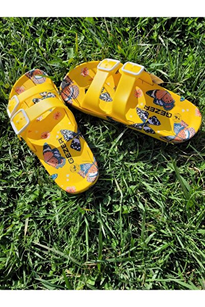 MODA SENİ Gezer Women's Yellow Butterfly Non-Slip Beach Sea Pool Slippers Non-Slip Slippers Adjustable with Buckle