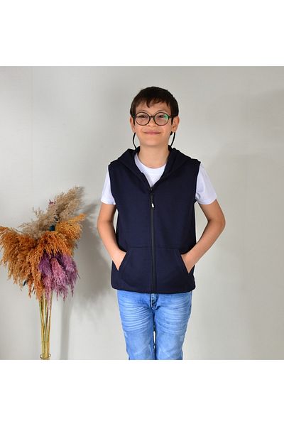 KİDSPİTİRCİK Unisex Kids Navy Blue Zippered Hooded 2 Thread Combed Cotton Vest