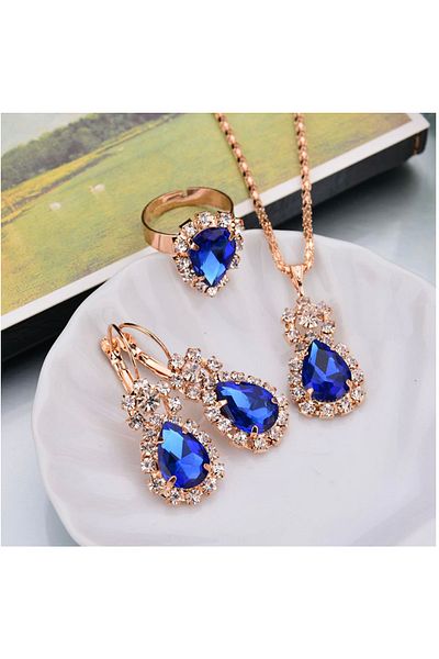 Takıtolia Aurora Crystal Navy Blue Stone Water Drop Pendant Earrings And Gift Wedding Jewelry Set With Adjustable Rings