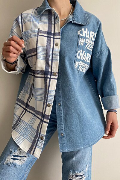 MARKETUNGA Women's Plaid Woven Jeans Denim Jacket - Blue