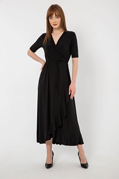 Laranor Μαύρο φόρεμα με λεπτομέρεια με κορδόνια διπλό πέτο Volan