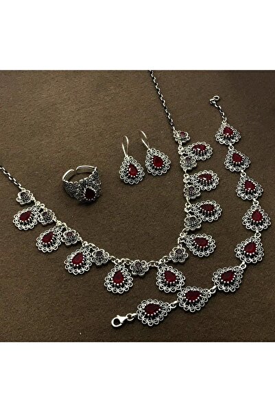 Midyat Nurtaş Gümüş Damla Model Yakut Taşlı Gümüş Oksitli Telkari Set 20108941