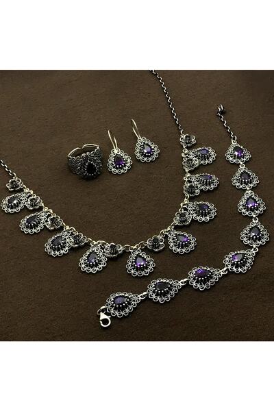 Midyat Nurtaş Gümüş Damla Model Ametist Taşlı Gümüş Oksitli Telkari Kadın Set...