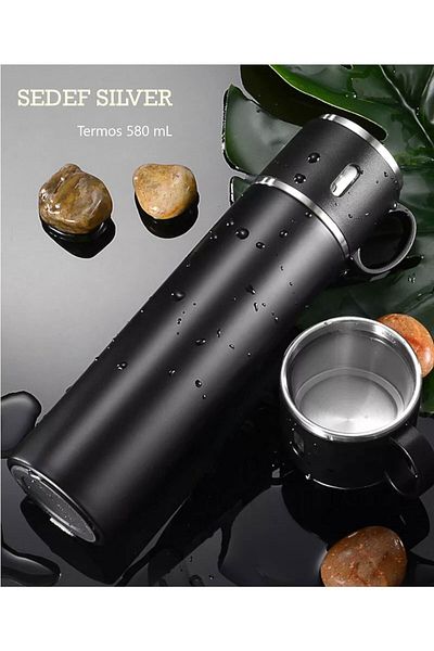 SEDEF SİLVER 316 Stainless Steel Thermos Cup 580 ml with Cup 20 Hours Hot-Cold Thermos Mug Mug Coffee 526