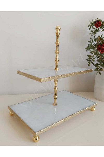 Sümeyra Marble Art Natural White Marble Cake Presenter | Ball Footed Presentation Rack | Gold | Tiered Presentation Rack |