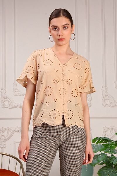 BEBE PLUS Laser Cut Buttoned Blouse