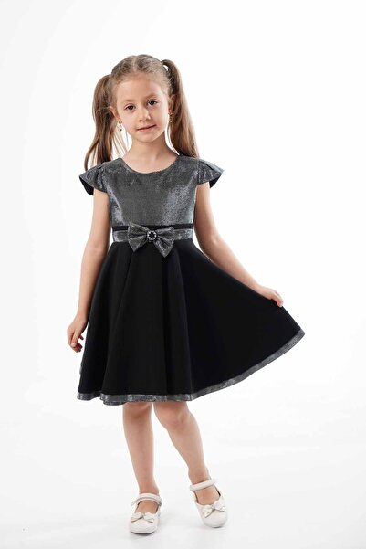 ÖFİ Kids Kız Çocuk Siyah Simli Fiyonklu Sade Şık Elbise