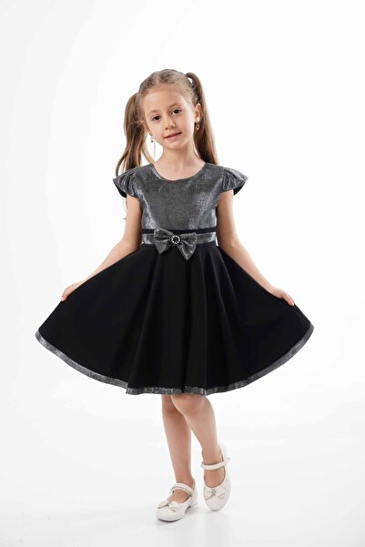 ÖFİ Kids Kız Çocuk Siyah Simli Fiyonklu Sade Şık Elbise
