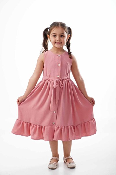 ÖFİ Kids فستان بناتي من قماش أيروبين مع حزام وأزرار، فستان بسيط وأنيق ومريح