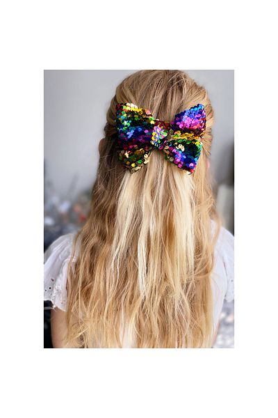 QUEEN AKSESUAR Large Colorful Unicorn Rainbow Sequin Sequined Bow Metal Clip Buckle Women's Children's Buckle