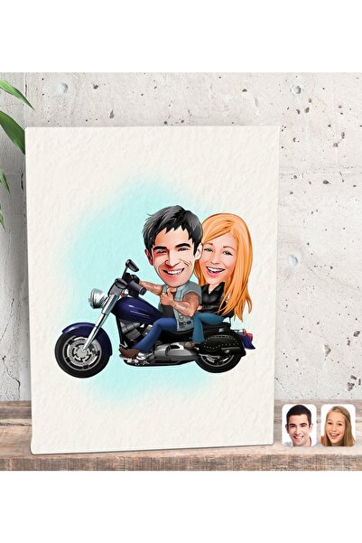 Bk Gift Kişiye Özel Motorcu Sevgililer Karikatürlü Dekoratif Mini Kanvas Tabl...