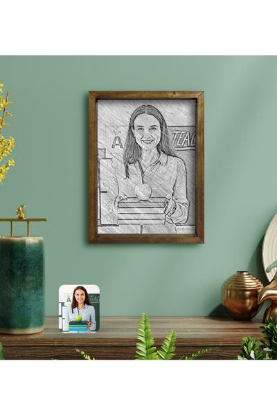 Bk Gift Kişiye Özel Kadın Öğretmen Karakalem Tasarımlı Doğal Masif Ahşap Çerç...