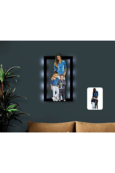 Bk Gift Kişiye Özel Tam Boy Anne Ve Oğullar Karikatürlü 3d Led Işıklı Ahşap T...