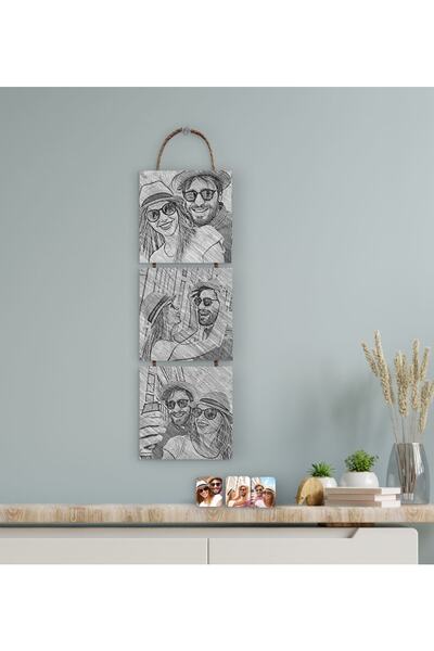 Bk Gift Kişiye Özel Karakalem Tasarımlı 3 Parça Ipli Ahşap Tablo Seti-1