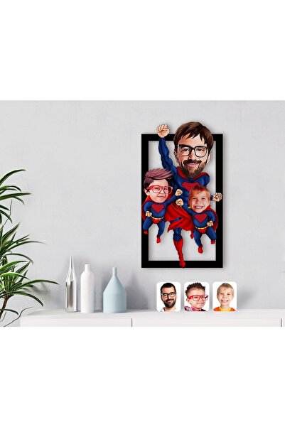 Bk Gift Kişiye Özel Süper Baba 2 Çocuk Karikatürlü 3d Ahşap Tablo-1