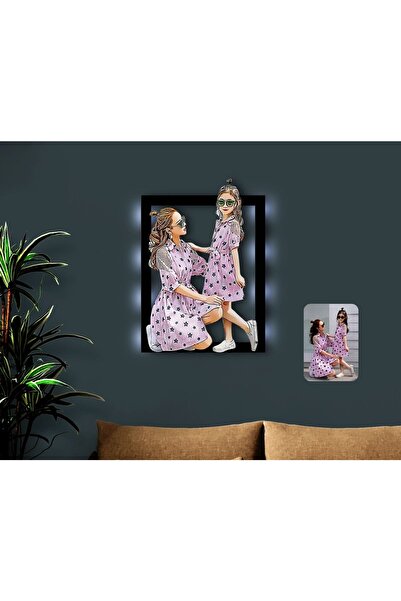 Bk Gift Kişiye Özel Tam Boy Anne Ve Kız Karikatürlü 3d Led Işıklı Ahşap Tablo-1