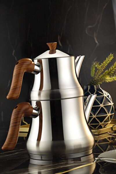 Lines Naz Ahşap Kulplu Paslanmaz Çelik Çaydanlık Orta Boy